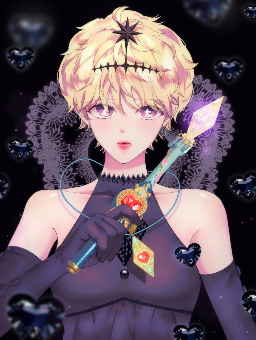 1girl absurdres blonde_hair commentary_request dress elbow_gloves gloves heart highres holding holding_stick jewelry jinhongnabi looking_at_viewer pendant pink_lips short_hair solo stick sugar_sugar_rune turtleneck_dress upper_body vanilla_mieux violet_eyes