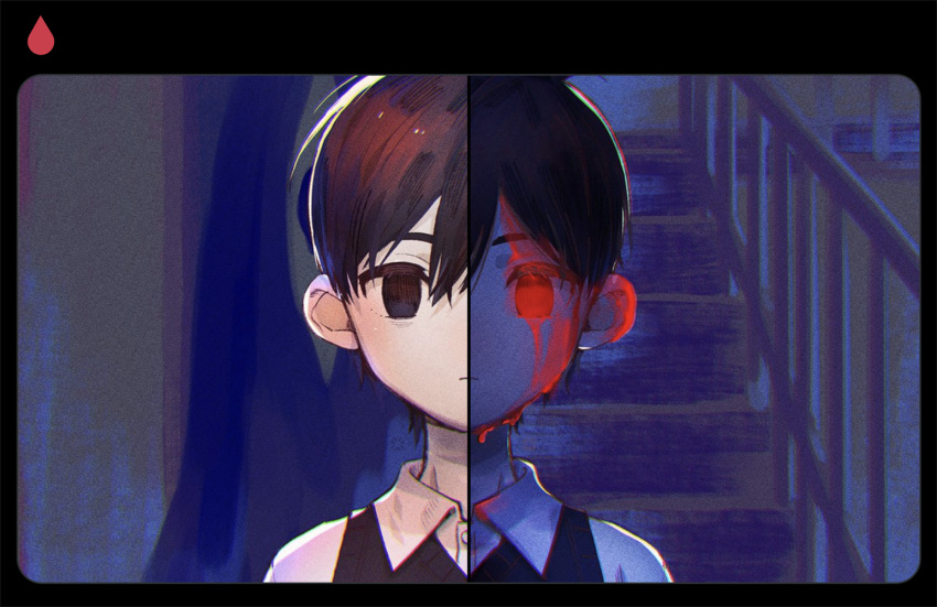1boy black_border black_eyes black_hair black_vest blood blood_drop blood_on_face border collared_shirt commentary_request empty_eyes expressionless film_grain glowing glowing_eye indoors male_focus no_nose no_pupils omori portrait railing red_eyes rounded_corners shirt short_hair solo split_theme stairs straight-on sunny_(omori) toastytoast vest white_shirt