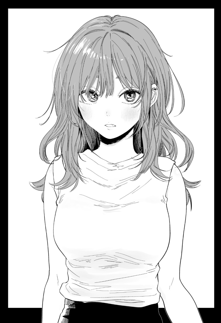1girl black_border border breasts commentary_request fang greyscale highres inkdaisuki long_hair looking_at_viewer medium_breasts messy_hair monochrome original outside_border parted_lips shirt simple_background sleeveless sleeveless_shirt solo straight-on upper_body white_background