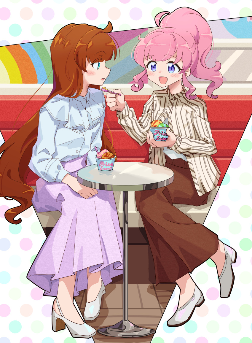 2girls :d absurdres ahoge anisakisu blue_eyes blue_shirt blush brown_hair brown_shirt brown_skirt commentary_request couch feeding food full_body high_ponytail highres holding holding_food holding_ice_cream holding_spoon ice_cream ice_cream_cup kiratto_pri_chan long_hair long_skirt long_sleeves looking_at_another momoyama_mirai multiple_girls nijinosaki_dia on_couch open_mouth pink_hair pretty_series profile purple_skirt shirt shoes sidelocks sitting skirt smile spoon table very_long_hair violet_eyes white_footwear yuri