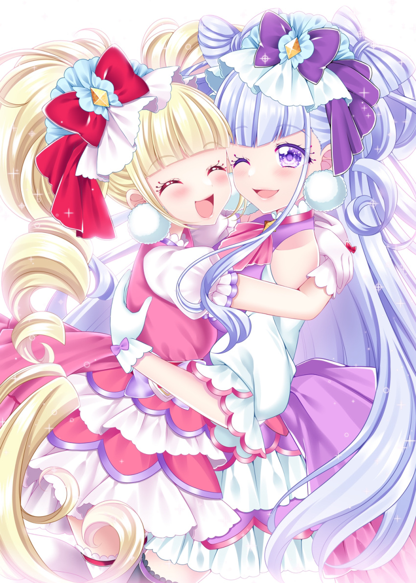 2girls ;d aisaki_emiru backlighting blonde_hair blunt_bangs blush bow bow-shaped_hair closed_eyes cowboy_shot cure_amour cure_macherie curly_hair dot_nose dress earrings eyelashes facing_viewer gloves hair_bow hair_ornament highres hug hugtto!_precure jewelry layered_dress long_hair magical_girl multiple_girls one_eye_closed open_mouth pink_dress pom_pom_(clothes) pom_pom_earrings precure puffy_sleeves purple_bow purple_dress purple_hair red_bow ruru_amour shirato_sayuri smile sparkle standing thigh-highs twintails violet_eyes white_background white_gloves white_thighhighs
