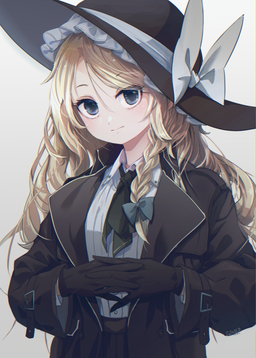 1girl black_gloves black_headwear black_jacket blonde_hair blue_eyes bow braid dated gloves green_bow green_necktie hair_bow hat highres jacket kirisame_marisa looking_at_viewer necktie own_hands_together shirt side_braid solo tami_(joemanyodw) touhou white_background white_bow white_shirt witch_hat
