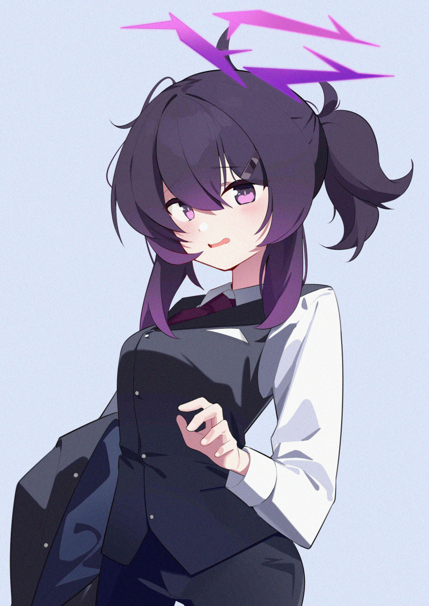 1girl absurdres black_vest blue_archive blush breasts buttons collared_shirt cowboy_shot halo haruka_(blue_archive) haruka_(suit)_(blue_archive) highres long_sleeves medium_breasts medium_hair necktie official_alternate_costume open_mouth purple_hair purple_halo red_necktie shirt solo vest violet_eyes wako_(1194433260) white_shirt