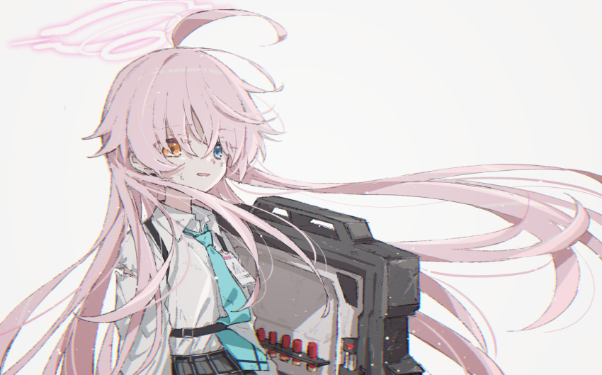 ahoge black_skirt blue_archive blue_eyes blue_necktie bullet chest_harness collared_shirt commentary floating_hair hair_flaps halo harness heterochromia highres holding holding_shield hoshino_(blue_archive) huge_ahoge long_sleeves matsuda_hikari messy_hair necktie open_mouth pink_hair pink_halo plaid plaid_skirt pleated_skirt shield shirt skirt smile torn_clothes white_shirt yellow_eyes