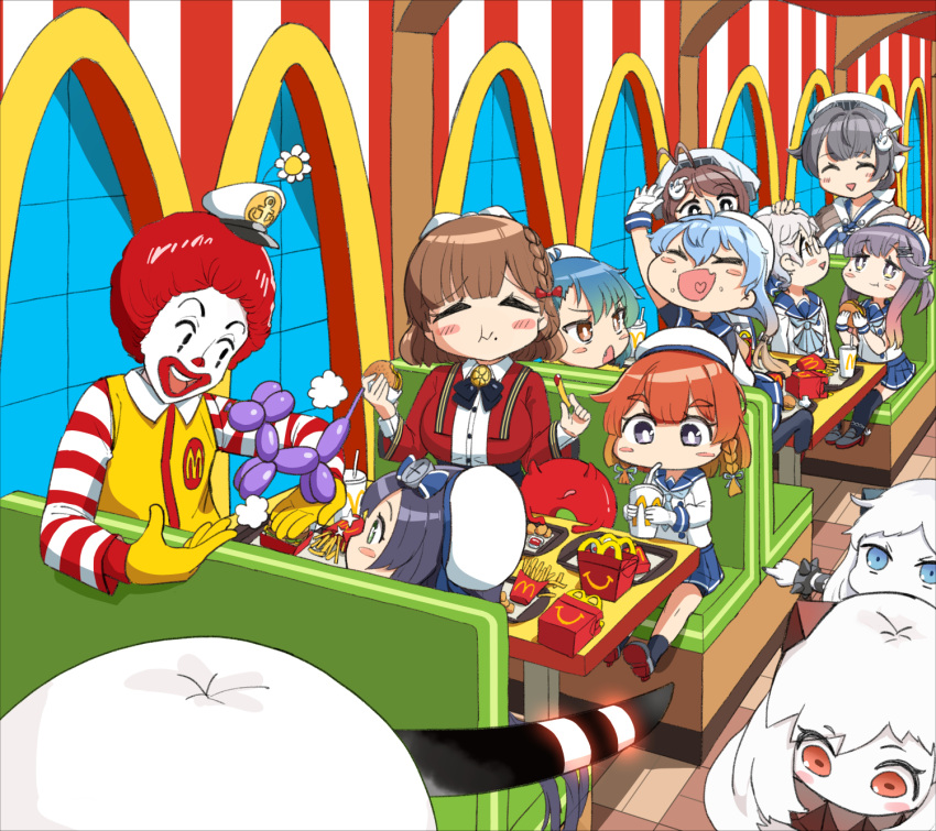 1boy 6+girls asahi_(kancolle) balloon_animal black_hair breasts brown_hair burger chougei_(kancolle) closed_eyes clown cup disposable_cup eating enemy_lifebuoy_(kancolle) english_commentary etorofu_(kancolle) fast_food flower food food_on_face french_fries fukae_(kancolle) glasses gloves grey_hair hair_flaps hair_ornament hat highres hirato_(kancolle) holding holding_cup holding_food horns indoors jingei_(kancolle) kantai_collection matsuwa_(kancolle) mcdonald's mole mole_under_eye multiple_girls northern_little_sister northern_ocean_princess open_mouth osananajimi_neko purple_hair redhead ronald_mcdonald sado_(kancolle) seaport_princess single_horn sitting sparkle tsushima_(kancolle) white_flower white_gloves white_hair white_headwear