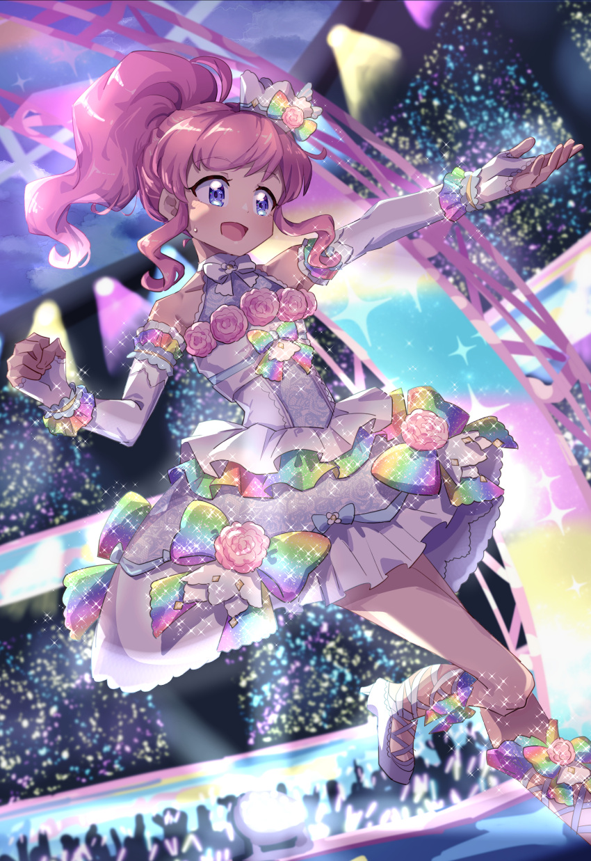 1girl :d absurdres anisakisu audience bare_shoulders concert crown detached_sleeves dress floral_print flower frilled_dress frills full_body glowstick hand_up high_ponytail highres idol idol_clothes kiratto_pri_chan long_hair looking_to_the_side momoyama_mirai open_mouth outstretched_arm pink_flower pink_hair pink_rose pretty_series rainbow_bow rose sidelocks sleeveless sleeveless_dress smile solo sparkle stage stage_lights standing sweatdrop violet_eyes white_dress
