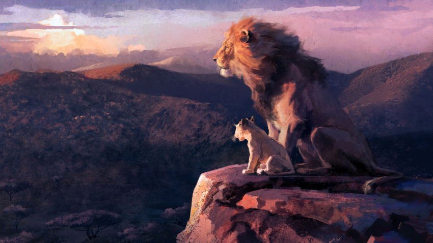 animal_focus blue_sky brush_stroke cliff clouds cloudy_sky concept_art father_and_son from_side full_body highres joe_studzinski lion lion_cub lion_tail looking_ahead mane mountainous_horizon mufasa no_humans official_art profile savannah simba sky sunlight sunset tail the_lion_king tree whiskers