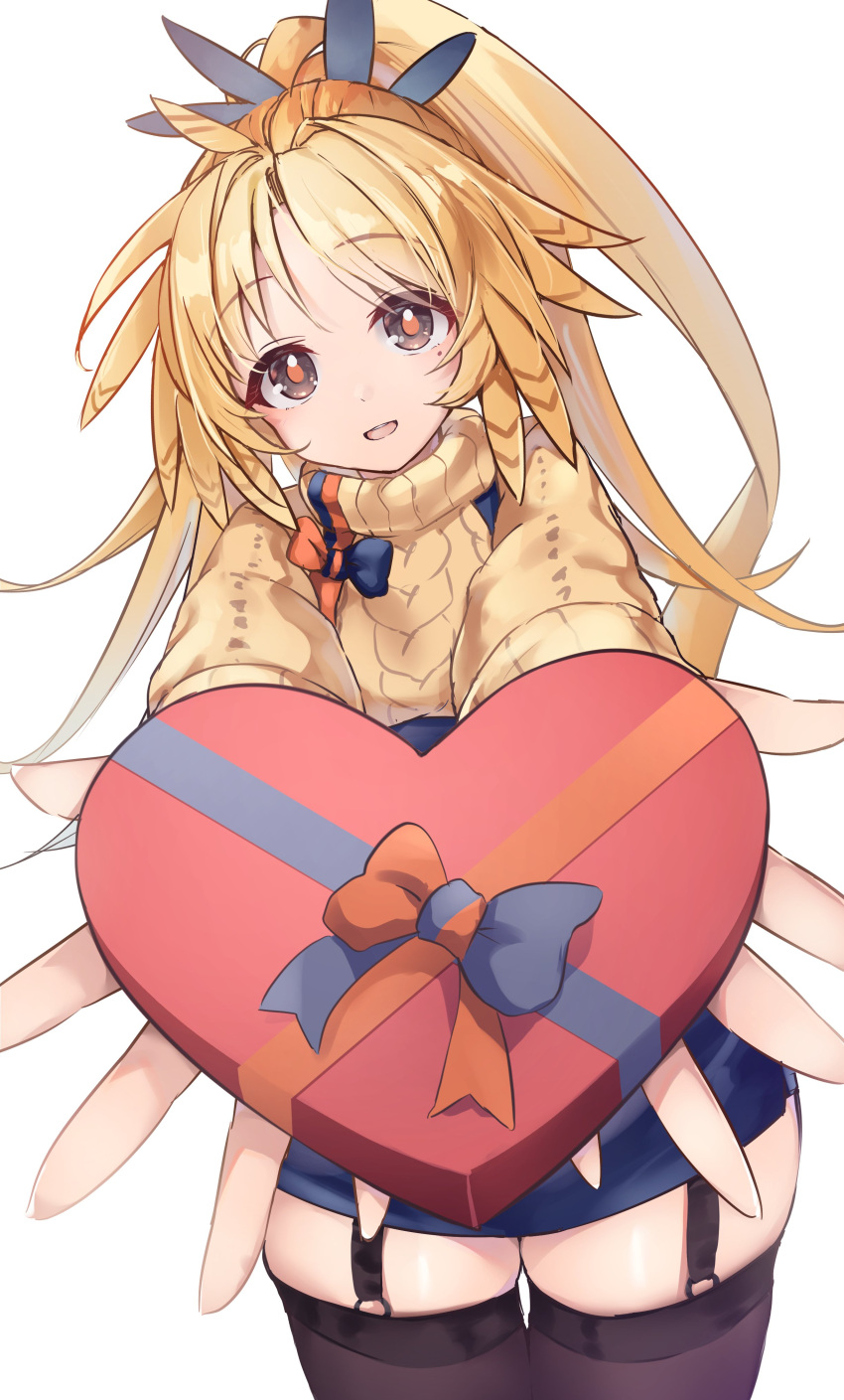 1girl :d absurdres aran_sweater arknights blonde_hair blue_skirt box brown_eyes brown_sweater brown_thighhighs cable_knit commentary_request garter_straps gift gift_box heart-shaped_box high-waist_skirt highres holding holding_gift long_hair long_sleeves looking_at_viewer outstretched_arms parted_lips pinecone_(arknights) ponytail simple_background skindentation skirt smile solo sweater thigh-highs turtleneck turtleneck_sweater very_long_hair white_background yuki_kawachi