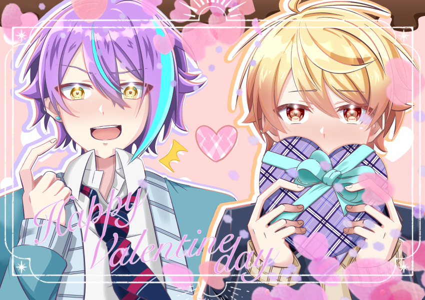 2boys absurdres akm_usss aqua_hair aqua_ribbon asymmetrical_hair blazer blonde_hair blue_cardigan blue_jacket blue_necktie border box cardigan collared_shirt commentary_request covered_mouth cursive double-parted_bangs earrings english_commentary gift gradient_hair hair_between_eyes happy_valentine heart-shaped_box highres holding holding_gift inset_border jacket jewelry kamishiro_rui kamiyama_high_school_uniform_(project_sekai) long_sleeves looking_at_viewer male_focus mixed-language_commentary multicolored_hair multicolored_necktie multiple_boys necktie open_cardigan open_clothes open_jacket open_mouth orange_eyes orange_hair pink_background project_sekai purple_hair red_necktie ribbon school_uniform shirt short_hair striped_necktie stud_earrings tenma_tsukasa two-tone_hair upper_body valentine white_border white_shirt yaoi yellow_cardigan yellow_eyes