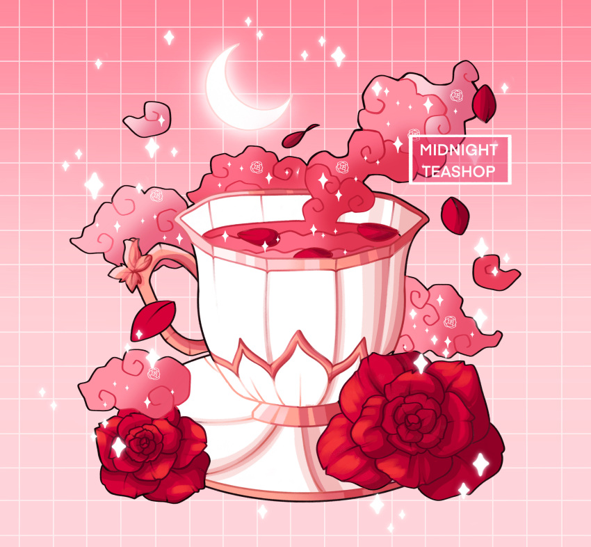 absurdres clouds commentary crescent_moon cup english_commentary english_text flower gradient_background grid_background highres megan_koch moon no_humans object_focus original petals red_background red_flower red_rose rose rose_petals saucer simple_background sparkle steam tea teacup watermark