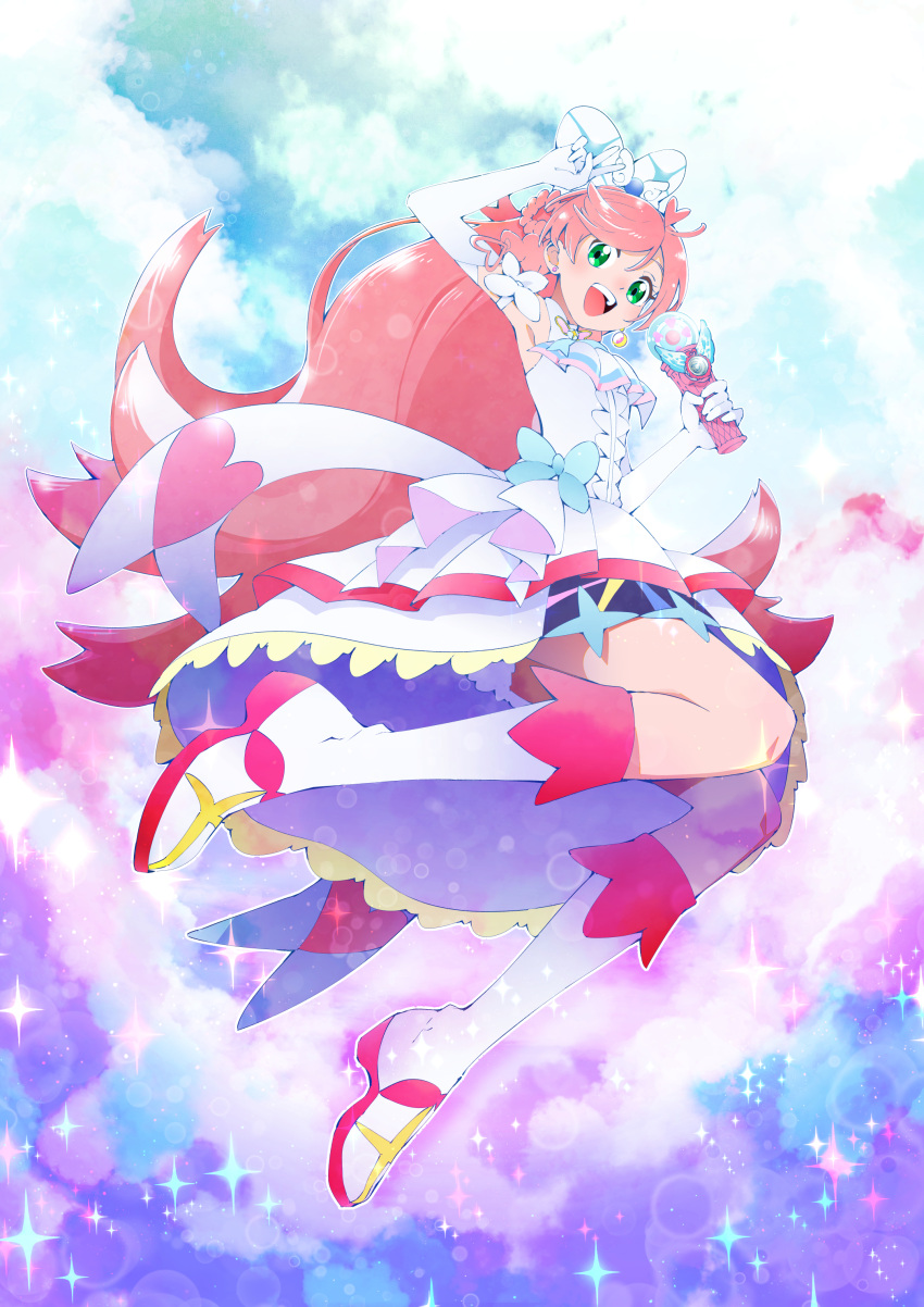 1girl absurdres arm_up ascot boots bow braid brooch center_frills clouds cloudy_sky commentary crescent crescent_earrings cure_prism dress earrings elbow_gloves flying french_braid frills full_body gloves green_eyes hair_bow highres hirogaru_sky!_precure holding jewelry ji-ma knee_boots layered_dress legs_up long_hair magical_girl medium_dress mismatched_earrings nijigaoka_mashiro open_mouth pink_hair precure side_braids sky sky_mirage sleeveless sleeveless_dress smile solo sparkle stud_earrings v very_long_hair white_ascot white_bow white_dress white_footwear white_gloves wing_brooch