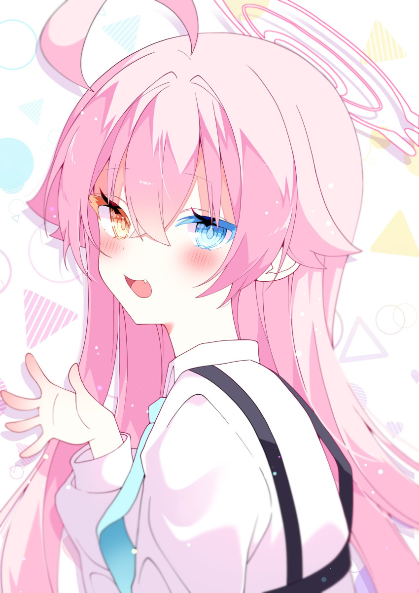 1girl ahoge blue_archive blue_eyes blush chest_harness fang from_side hair_between_eyes hair_flaps halo hand_up harness heterochromia highres hoshino_(blue_archive) huge_ahoge long_sleeves multicolored_background open_mouth pink_hair pink_halo shirt smile solo suisei_1121 white_shirt yellow_eyes