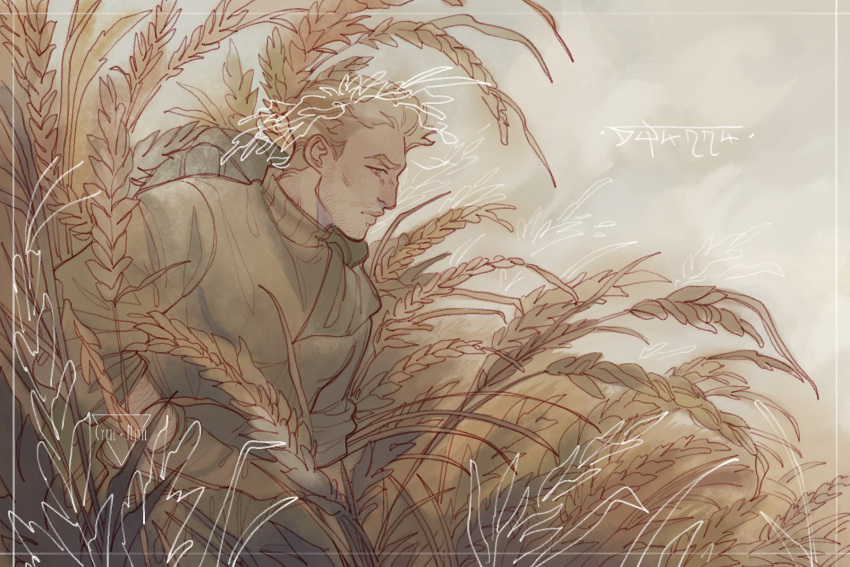 1boy artemy_burakh beard_stubble blonde_hair cyrilnihil facial_hair from_side green_jacket hair_slicked_back highres jacket male_focus mature_male mustache_stubble outdoors pathologic pathologic_2 profile short_hair solo stubble upper_body wheat_field wind
