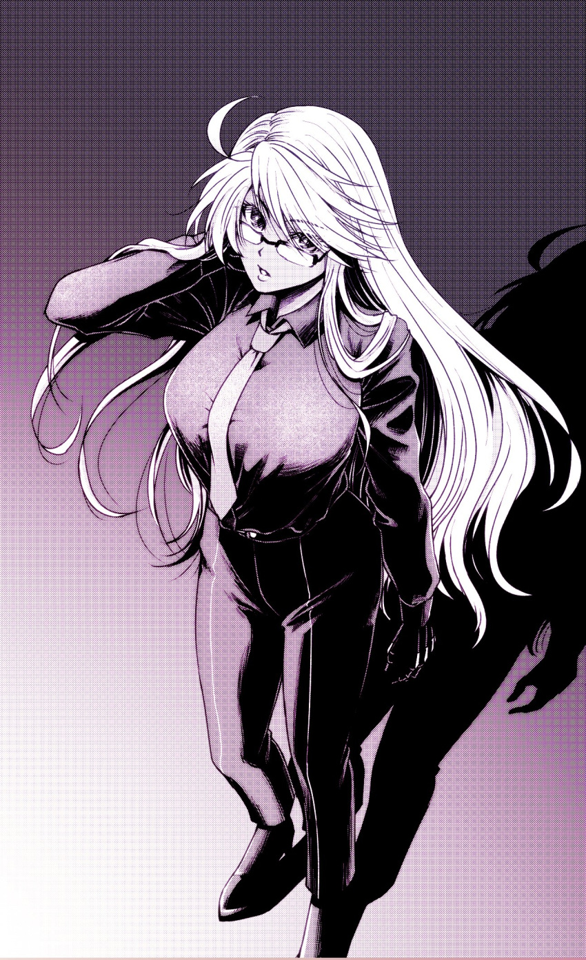 1girl ahoge alma_armas an'no_natsume arm_behind_head breasts collared_shirt full_body glasses high_heels highres large_breasts long_hair looking_at_viewer mechanical_arms monochrome necktie pants parted_lips prosthesis prosthetic_arm purple_theme shirt simple_background solo va-11_hall-a very_long_hair