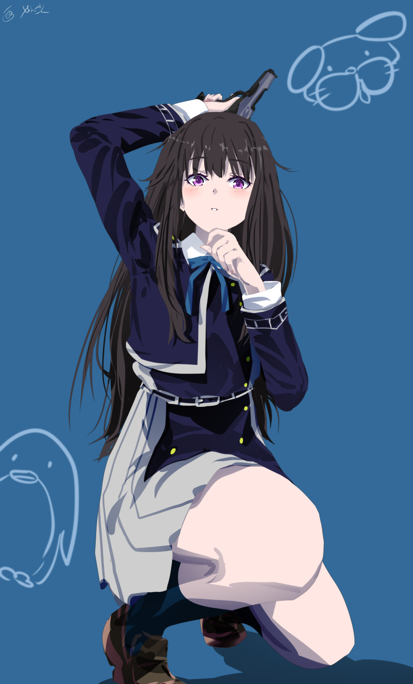 1girl absurdres arm_behind_back arm_up bird black_socks blue_background blue_dress blue_ribbon brown_footwear collared_dress dog dress full_body grey_dress gun hand_on_own_chin handgun highres holding holding_gun holding_weapon inoue_takina knees loafers long_hair long_sleeves looking_at_viewer lycoris_recoil lycoris_uniform neck_ribbon parted_lips penguin ribbon sengoku_chidori shadow shoes sidelocks signature simple_background socks solo squatting two-tone_dress violet_eyes weapon