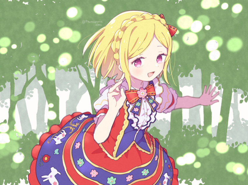 1girl :d blonde_hair bow braid center_frills commentary_request cowboy_shot crown_braid dress floral_print forest frills hair_bow hand_up idol_clothes looking_at_viewer midorikaze_fuwari nature neck_ribbon open_mouth outdoors outstretched_arm pink_eyes pretty_series pripara puffy_short_sleeves puffy_sleeves red_dress red_ribbon ribbon short_hair short_sleeves smile solo standing swept_bangs terayamaden tree