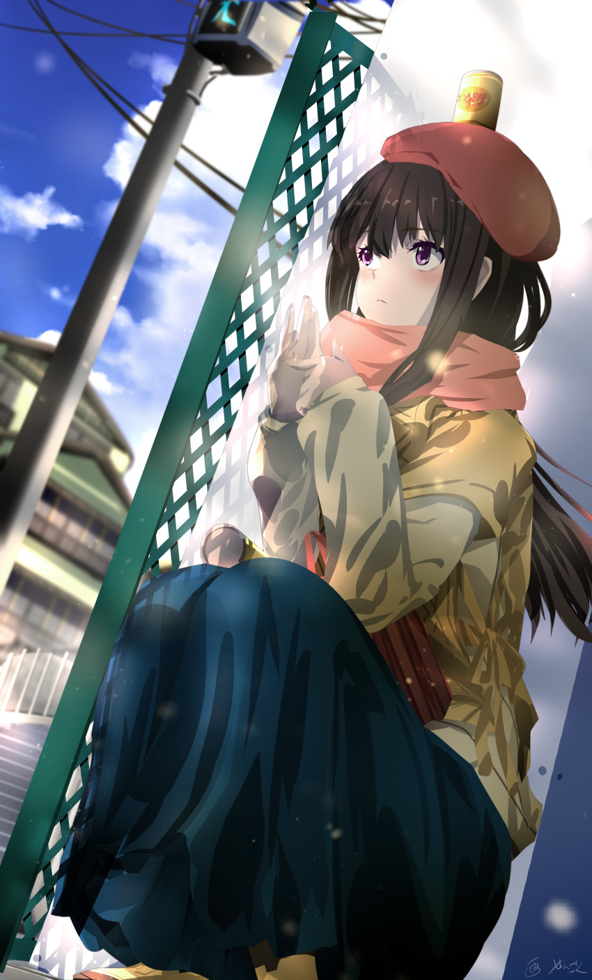 1girl absurdres alternate_costume beret black_hair black_skirt blue_sky blurry blurry_background building can capelet casual closed_mouth clouds day depth_of_field expressionless green_shirt hands_up hat highres inoue_takina light_particles long_hair long_skirt long_sleeves lycoris_recoil object_on_head orange_scarf outdoors power_lines red_headwear road_sign scarf sengoku_chidori shirt shoes sidelocks sign signature skirt sky solo squatting traffic_light violet_eyes yellow_capelet yellow_footwear