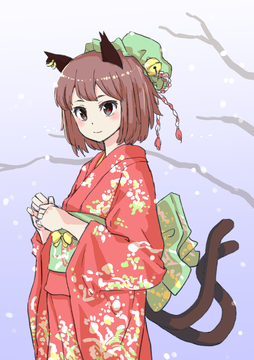 1girl absurdres animal_ear_piercing animal_ears bell blush branch brown_eyes brown_hair cat_ears cat_tail chen closed_mouth cowboy_shot double-parted_bangs earrings green_headwear grey_background hat hat_bell highres jack_(wkm74959) japanese_clothes jewelry jingle_bell kimono light_smile long_sleeves looking_at_viewer mob_cap multiple_tails nekomata red_kimono short_hair simple_background snow solo tail touhou two_tails wide_sleeves
