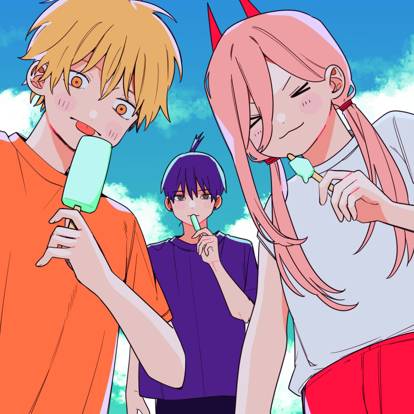 &gt;_&lt; 1girl 2boys alternate_hairstyle blonde_hair blue_sky brown_eyes chainsaw_man closed_eyes clouds commentary_request denji_(chainsaw_man) food gurukousu hair_between_eyes hair_tie hayakawa_aki highres holding holding_food holding_popsicle horns low_twintails multiple_boys orange_eyes orange_shirt pink_hair popsicle power_(chainsaw_man) purple_hair purple_shirt red_horns shirt single_sidelock sky t-shirt topknot twintails