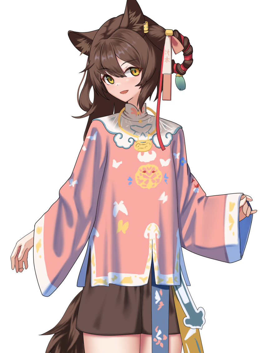 1girl :d absurdres animal_ear_fluff animal_ears arknights brown_eyes brown_hair brown_shorts commentary_request cowboy_shot fang hair_between_eyes hair_rings highres ikutachi long_sleeves looking_at_viewer lunacub_(arknights) lunacub_(clouds_float_like_ideas_of_art)_(arknights) official_alternate_costume pink_shirt shirt shorts simple_background sleeves_past_wrists smile solo standing tail white_background wide_sleeves