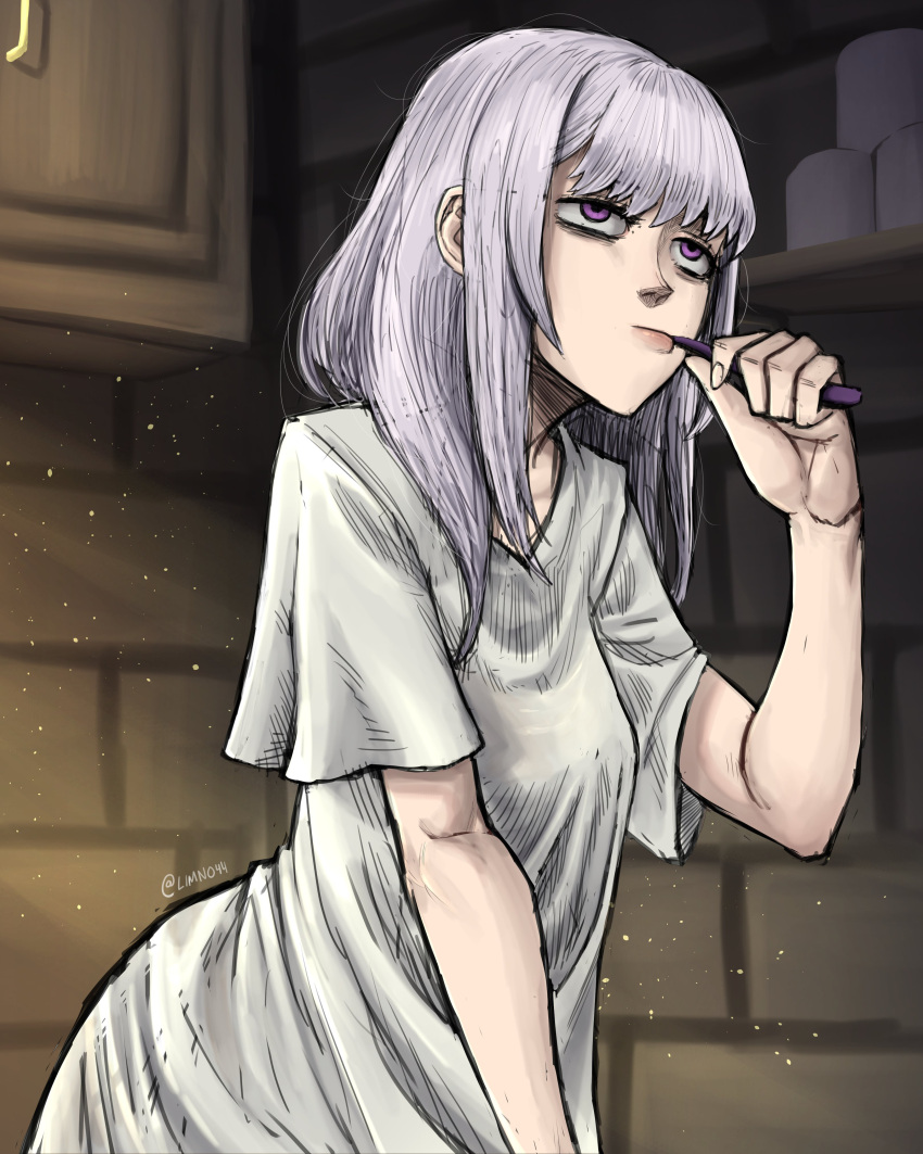 1girl absurdres black_clover brushing_teeth cupboard grey_hair highres holding holding_toothbrush indoors light_particles limn044 morning noelle_silva shirt solo t-shirt toothbrush violet_eyes white_shirt