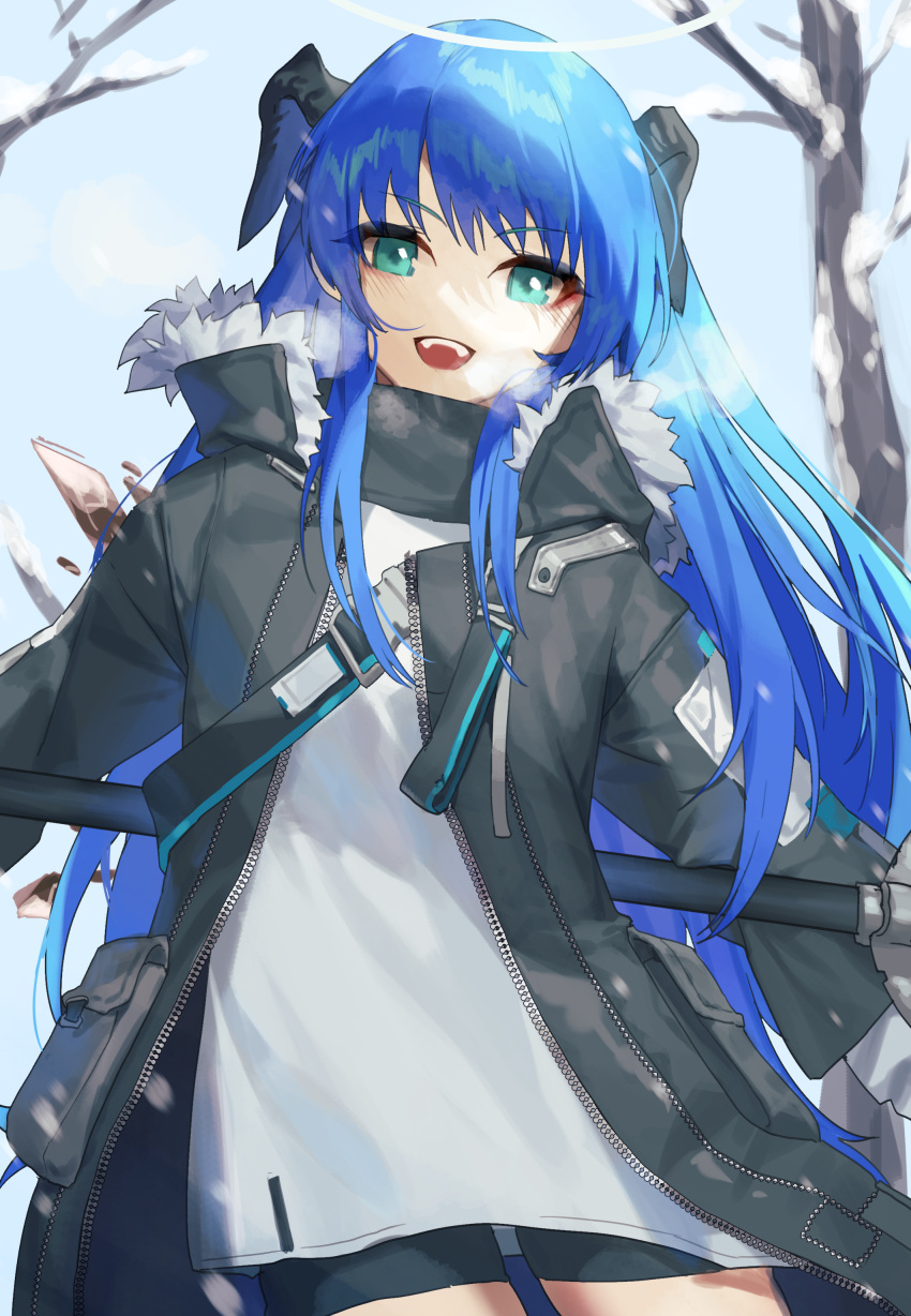 1girl :d absurdres arknights bare_tree black_jacket black_shorts blue_eyes blue_hair blush brown_wings commentary_request detached_wings fur-trimmed_jacket fur_trim halo highres horns jacket long_hair long_sleeves looking_at_viewer mini_wings mostima_(arknights) open_clothes open_jacket shirt shorts smile snow solo tree very_long_hair white_shirt wings yamijam