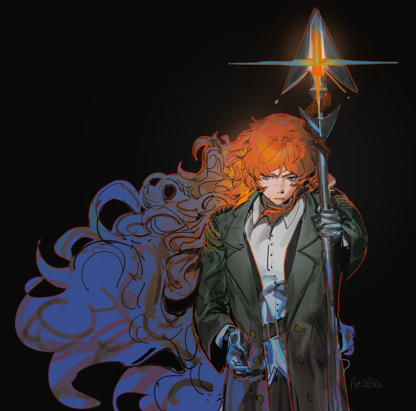 1girl artist_name belt black_background black_gloves closed_mouth coat english_commentary freckles gloves glowing glowing_weapon green_coat harpoon highres holding holding_weapon ishmael_(project_moon) limbus_company long_hair looking_to_the_side military_uniform orange_eyes orange_hair patchfire project_moon rope serious shirt standing uniform very_long_hair weapon white_shirt