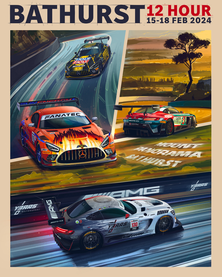 absurdres andrew_mytro anniversary australia car craft-bamboo_racing english_commentary fanatec flame_print gruppe_m_racing gt_world_challenge_australia highres mercedes-benz_amg_gt motion_blur motor_vehicle mount_panorama_circuit national_storage_racing no_humans official_art pirelli promotional_art race_vehicle racecar real_world_location spoiler_(automobile) star_(symbol) sunenergy1_racing tree