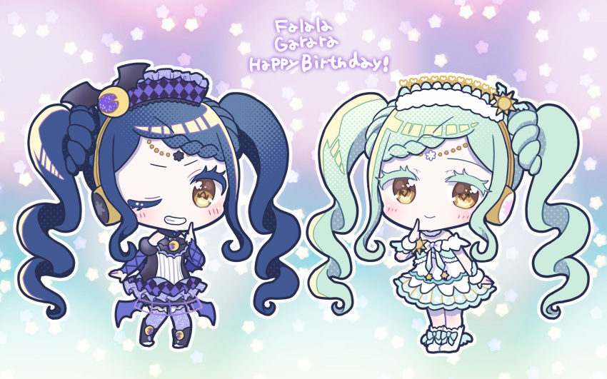 2girls :d arm_up black_dress black_footwear blue_hair braid braided_bangs character_name chibi closed_mouth commentary_request crescent crescent_hair_ornament dress falala_a_larm finger_to_cheek full_body garara_s_leep green_hair hair_ornament happy_birthday head_chain headphones highres idol_time_pripara kokichi_yoko long_hair looking_at_viewer multiple_girls one_eye_closed open_mouth outline pretty_series pripara shoes short_sleeves smile standing sun_hair_ornament thigh-highs twintails very_long_hair white_dress white_outline yellow_eyes