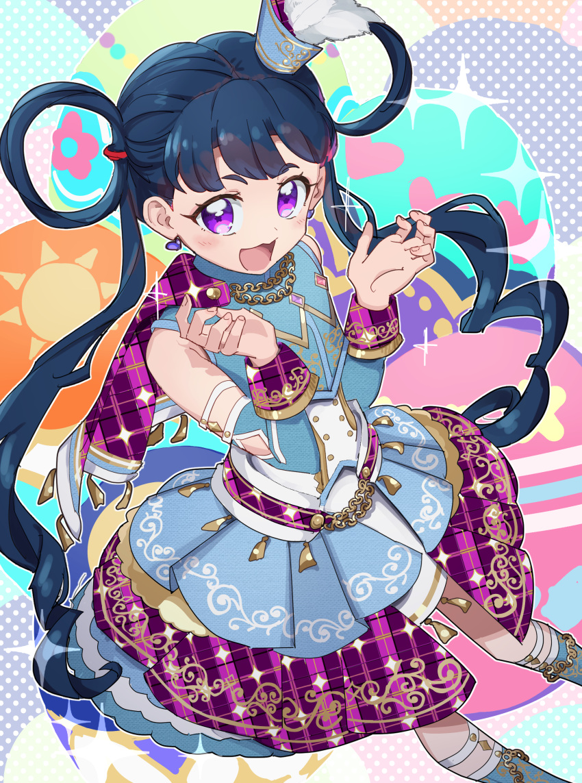 1girl :3 :d absurdres anisakisu blue_hair blue_jacket blue_skirt blunt_bangs blush capelet commentary_request detached_sleeves dutch_angle earrings feet_out_of_frame gold_trim hair_rings hands_up hat heart heart_earrings highres idol_clothes jacket jewelry kiratto_pri_chan long_hair looking_at_viewer melpan_(pri_chan) mini_hat open_mouth pleated_skirt pretty_series purple_capelet skirt smile solo standing star-shaped_pupils star_(symbol) sun symbol-shaped_pupils twintails very_long_hair violet_eyes