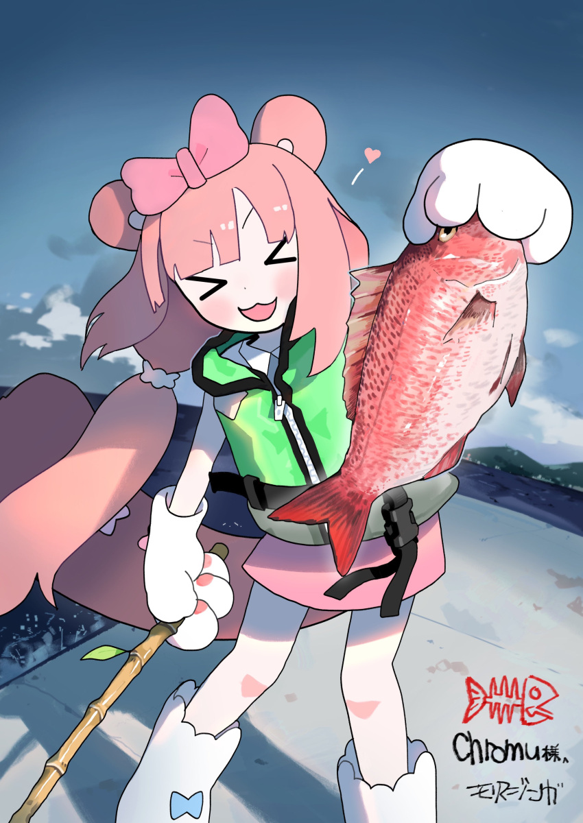 &gt;_&lt; 1girl absurdres animal animal_ears animal_hands blush bow chromu clouds commission dock dress facing_viewer fish fishing_rod gloves green_vest heart highres holding holding_animal holding_fish holding_fishing_rod indie_virtual_youtuber long_hair open_mouth outdoors paw_gloves pier pink_bow pink_dress pink_hair red_snapper skeb_commission sky solo syakunetuu tail very_long_hair vest virtual_youtuber water white_footwear