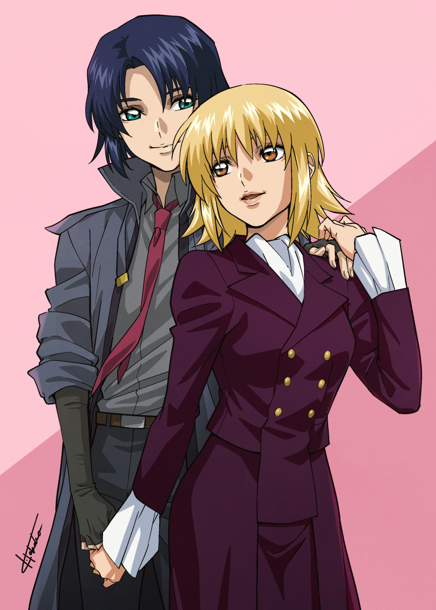 1boy 1girl absurdres athrun_zala blonde_hair blue_hair cagalli_yula_athha couple green_eyes grey_jacket gundam gundam_seed gundam_seed_freedom hand_on_another's_hand hand_on_another's_shoulder highres holding_hands jacket looking_at_another pant_suit pants red_tie short_hair smile suit tokuoka_kouhei yellow_eyes
