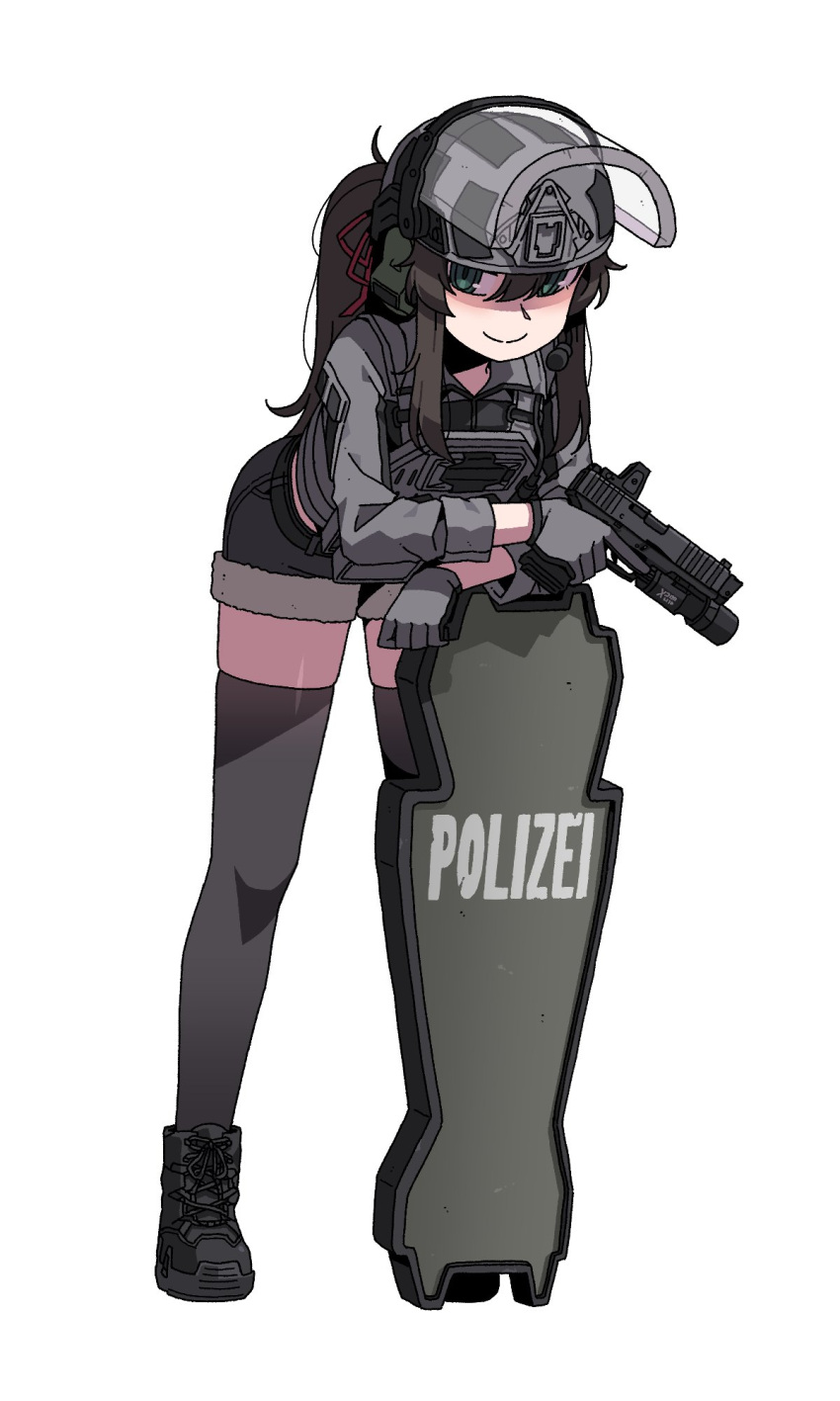 1girl black_footwear black_skirt black_thighhighs blue_eyes boots breasts brown_hair combat_helmet commission ear_protection flashlight full_body german_text glock gloves grey_gloves grey_jacket gun hair_between_eyes handgun helmet highres holding holding_weapon jacket karepack large_breasts leaning_forward leaning_on_object looking_at_viewer microphone optical_sight original plate_carrier ponytail red_ribbon ribbon shield short_shorts shorts sidelocks skirt smile solo termichan_(not-a-bot) thigh-highs visor_(armor) weapon