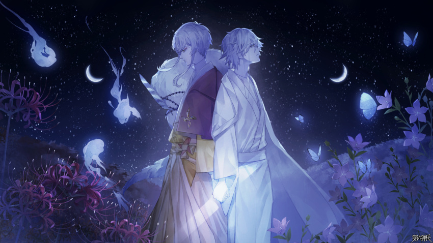 2boys back-to-back bellflower blue_butterfly bug butterfly cape capelet chinese_bellflower closed_mouth cowboy_shot crescent_moon dairoku_ryouhei expressionless eyeshadow eyewear_strap field fish flower flower_field from_side fur-trimmed_capelet fur_trim glasses goldfish hair_between_eyes highres holding_hands japanese_clothes kao_o0 kimono long_sleeves looking_down looking_up makeup moon multiple_boys multiple_moons oboro_yue profile purple_flower red_capelet red_eyeshadow red_flower red_spider_lily short_hair sidelocks sky spider_lily spirit standing star_(sky) starry_sky white_cape white_hair white_kimono yellow_eyes yellow_kimono yoibinahana_juukiji