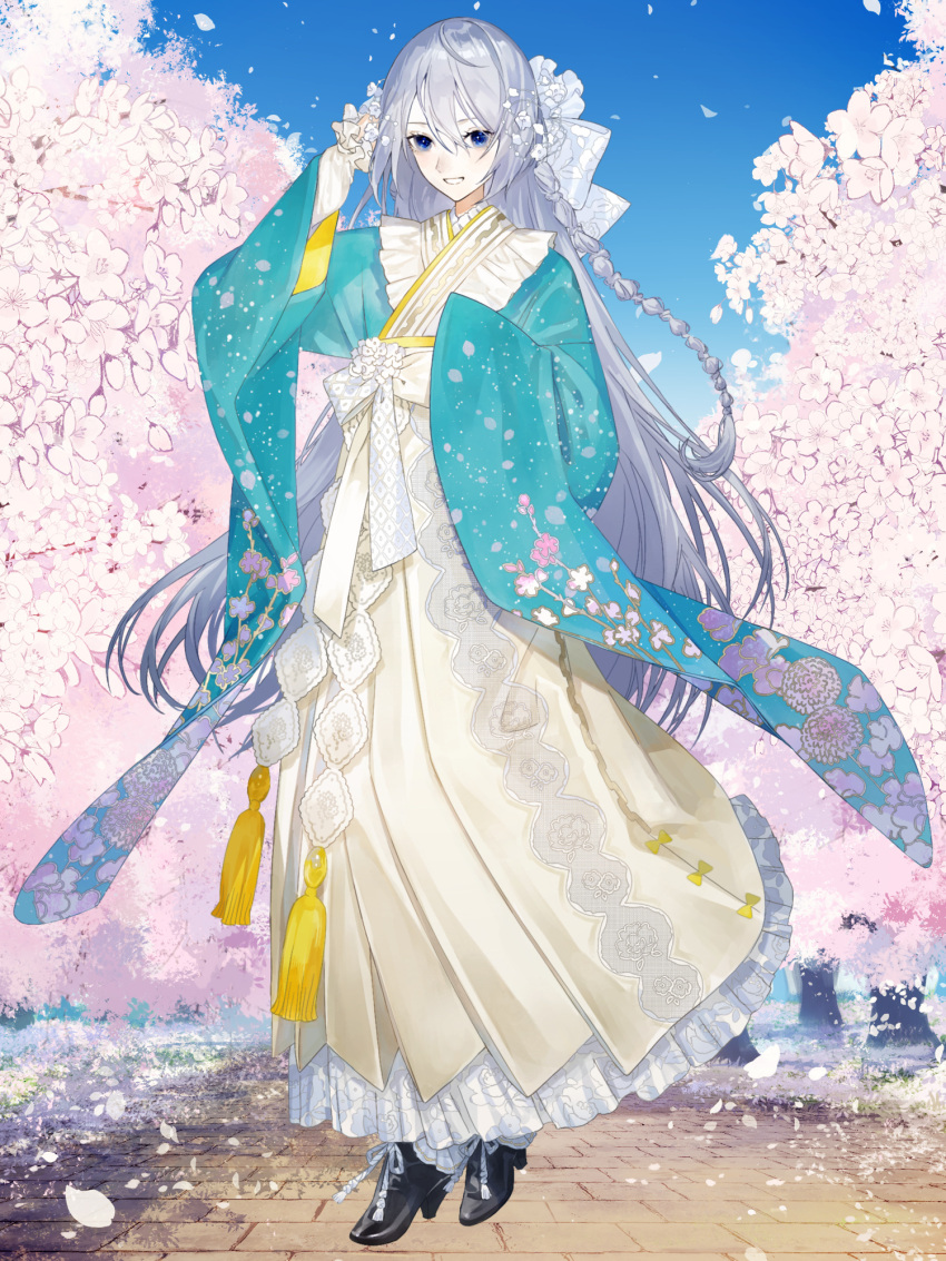1girl aqua_kimono black_footwear blue_eyes boots bow braid chain_paradox cherry_blossom_print cherry_blossoms day falling_petals floral_print flower frilled_kimono frilled_sleeves frills full_body grey_hair hair_between_eyes hair_bow hair_flower hair_ornament hakama hand_in_own_hair hand_on_own_head highres japanese_clothes kao_o0 kimono latxia_mylethio long_hair long_sleeves looking_at_viewer parted_lips pavement petals pink_flower shirt side_braid sleeves_past_wrists smile solo standing tassel white_bow white_flower white_shirt wide_sleeves yellow_hakama