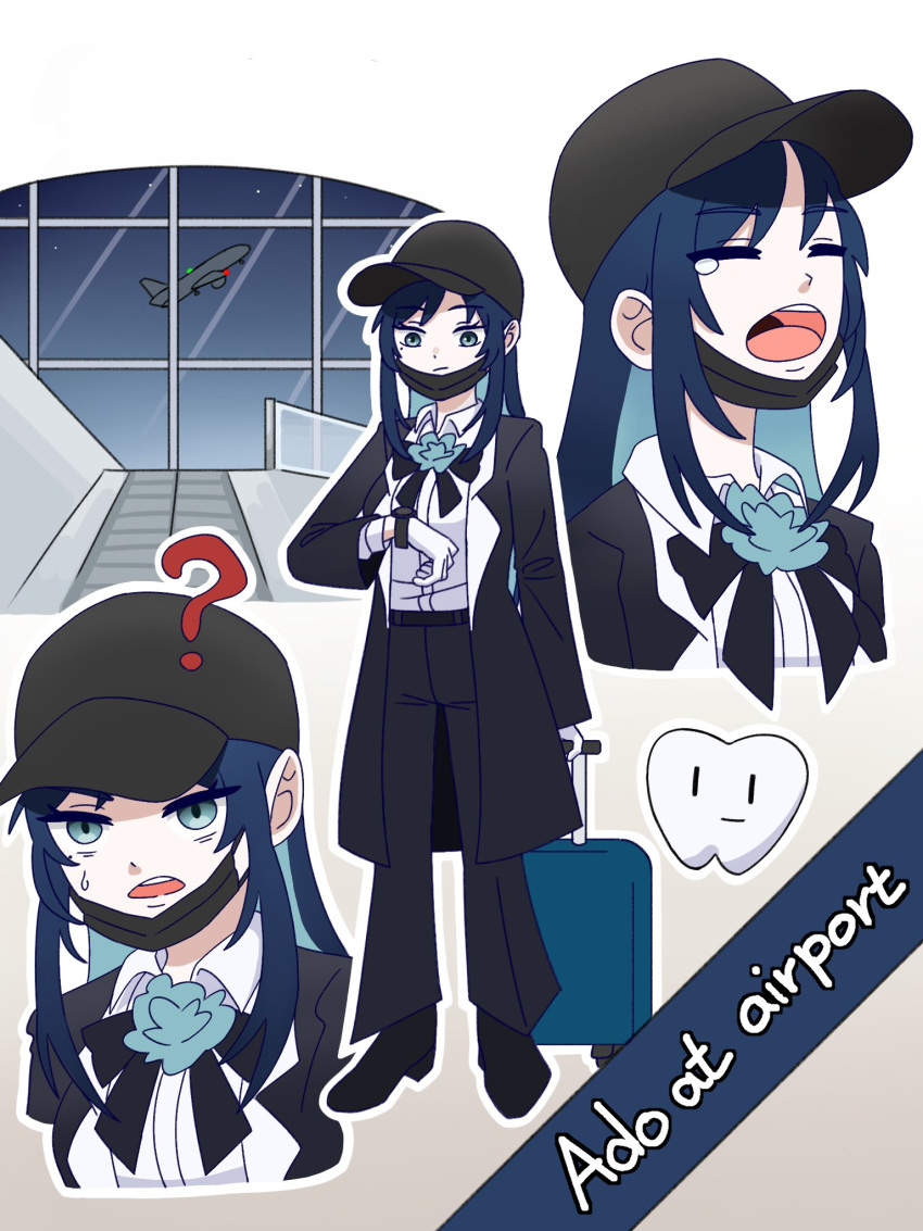 1girl ? ado_(utaite) aircraft airplane airport baseball_cap belt black_belt black_bow black_bowtie black_coat black_footwear black_headwear black_mask black_pants blue_eyes blue_hair boots bow bowtie chando_(ado) closed_mouth cloud_nine_inc coat collared_shirt colored_inner_hair commentary cropped_torso dress_shirt english_text gloves hat highres light_blue_hair long_sleeves mask mask_pull mole mole_under_eye mouth_mask multicolored_hair multiple_views nemmu_(nono_bindd) open_clothes open_coat open_mouth outline pants rolling_suitcase shirt sidelocks spoken_question_mark suitcase sweatdrop symbol-only_commentary teeth tooth two-tone_hair upper_body upper_teeth_only utaite watch watch white_gloves white_outline white_shirt yawning