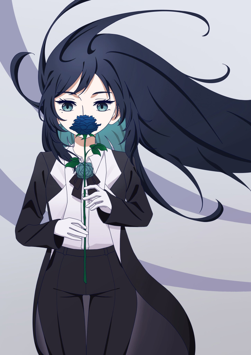 1girl ado_(utaite) black_bow black_bowtie black_coat black_hair black_pants blue_eyes blue_flower blue_hair blue_rose bow bowtie chando_(ado) cloud_nine_inc coat collared_shirt colored_inner_hair commentary dress_shirt floating_hair flower flower_brooch gloves hashtag_only_commentary highres holding holding_flower long_hair long_sleeves looking_at_viewer mole mole_under_eye multicolored_hair nemmu_(nono_bindd) open_clothes open_coat pants rose shirt solo thigh_gap two-tone_hair utaite white_gloves white_shirt