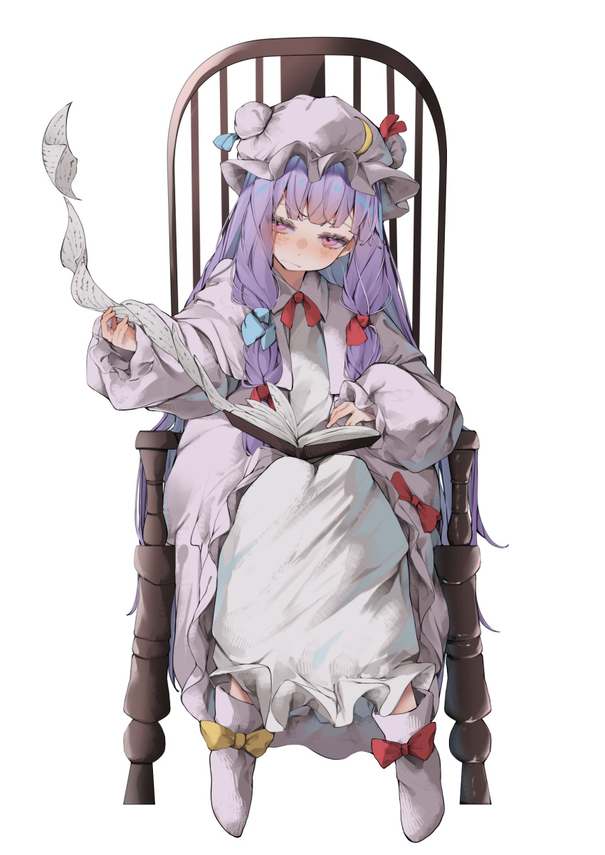 1girl blush book boots chair closed_mouth dress hat highres long_hair long_sleeves mob_cap open_book patchouli_knowledge purple_dress purple_footwear purple_hair purple_headwear simple_background solo touhou tsune_(tune) violet_eyes white_background