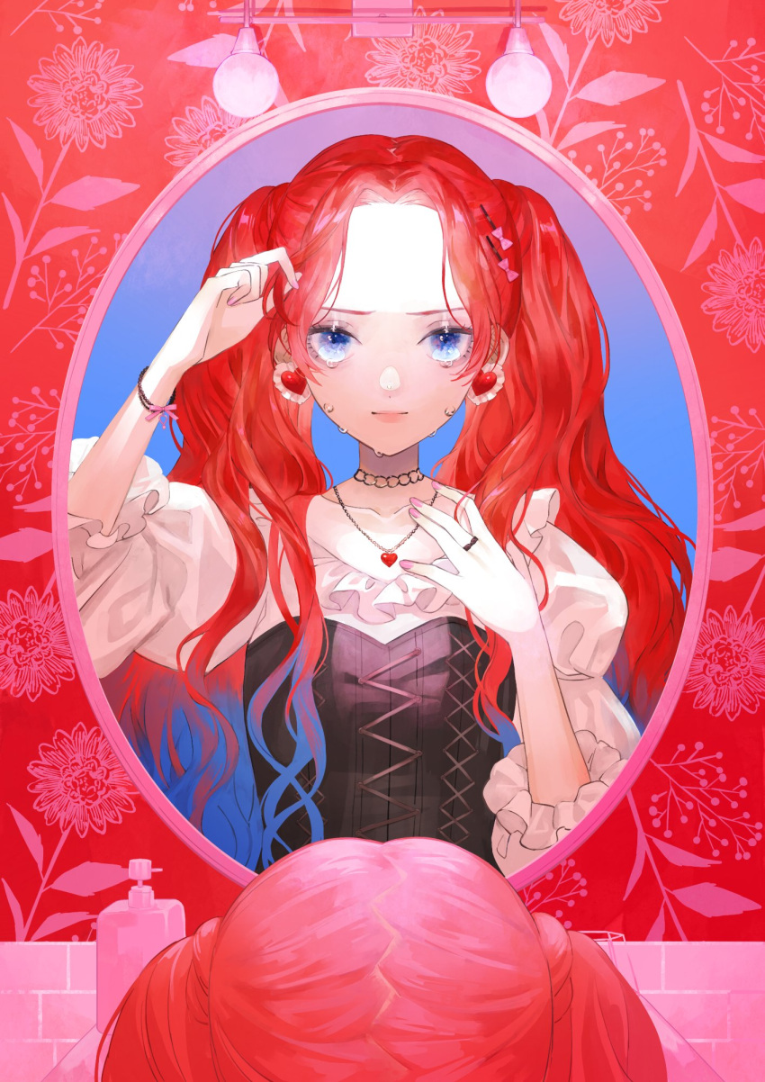 1girl blue_hair bow breasts bustier choker closed_mouth commentary crying crying_with_eyes_open earrings floral_background frilled_shirt frills frown gradient_hair hair_bow hair_ornament hairclip hand_on_own_chest heart heart_earrings heart_necklace highres holding holding_hair holding_own_hair jewelry kao_o0 light_bulb lips long_hair looking_at_mirror looking_at_viewer mirror multicolored_hair nail_polish necklace original parted_bangs pink_nails red_background redhead reflection_focus ring shampoo_bottle shirt sleeves_past_elbows small_breasts solo straight-on symbol-only_commentary tears twintails upper_body wavy_hair white_shirt