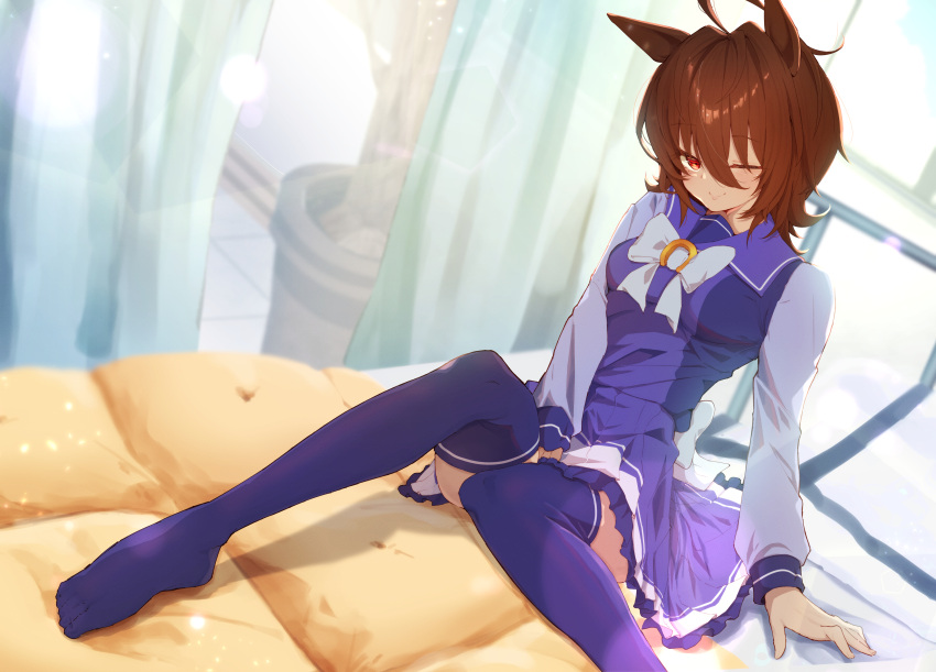 1girl absurdres agnes_tachyon_(umamusume) ahoge animal_ears blush bow brown_hair chemical_structure commentary_request curtains earrings foot_out_of_frame gorioshi0802 highres horse_ears horse_girl horse_tail indoors infirmary jewelry long_sleeves messy_hair no_shoes on_bed one_eye_closed pleated_skirt purple_serafuku purple_shirt purple_skirt purple_thighhighs red_eyes sailor_collar school school_uniform serafuku shirt short_hair single_earring skirt smile solo tail thigh-highs tracen_school_uniform umamusume white_bow winter_uniform