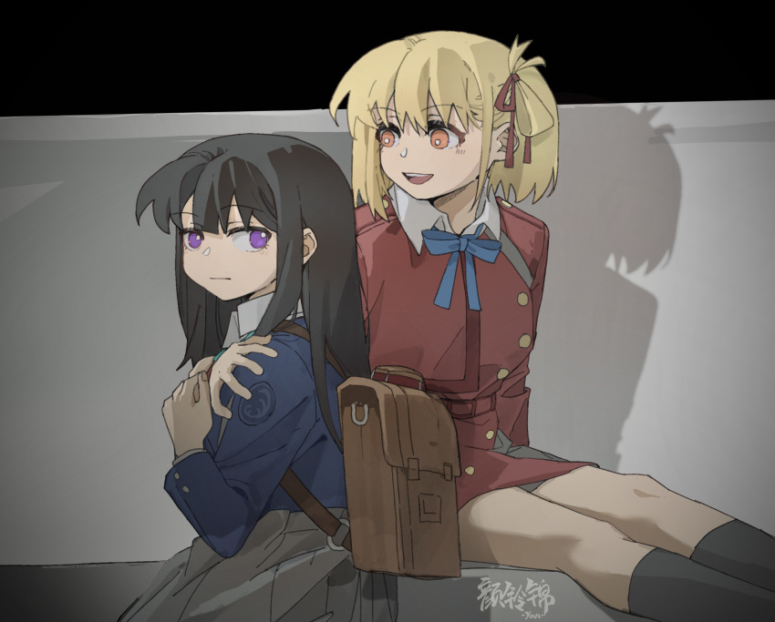 2girls backpack bag black_hair black_socks blonde_hair blue_dress blue_ribbon bright_pupils chinese_commentary closed_mouth commentary_request dress expressionless hair_ribbon hand_on_another's_shoulder highres inoue_takina long_hair long_sleeves looking_at_another looking_at_viewer lycoris_recoil lycoris_uniform medium_hair multiple_girls neck_ribbon nishikigi_chisato one_side_up orange_eyes parted_lips photo-referenced red_ribbon ribbon shadow smile socks violet_eyes white_pupils yanlingjinshilihuahua