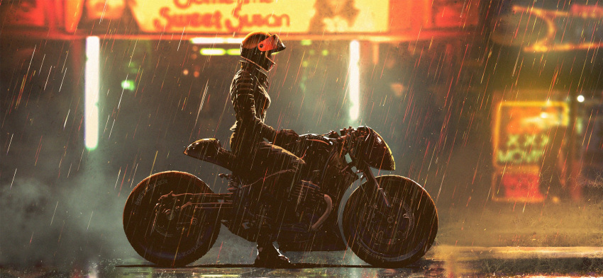 1girl batman_(series) black_gloves black_jacket black_pants blurry blurry_background boots breasts concept_art dark_foreground dc_comics from_side full_body gloves helmet highres jacket joe_studzinski leather leather_jacket leg_up medium_breasts motor_vehicle motorcycle motorcycle_helmet neon_lights night official_art on_motorcycle outdoors pants profile rain selina_kyle solo standing standing_on_one_leg steam the_batman_(2022) tire