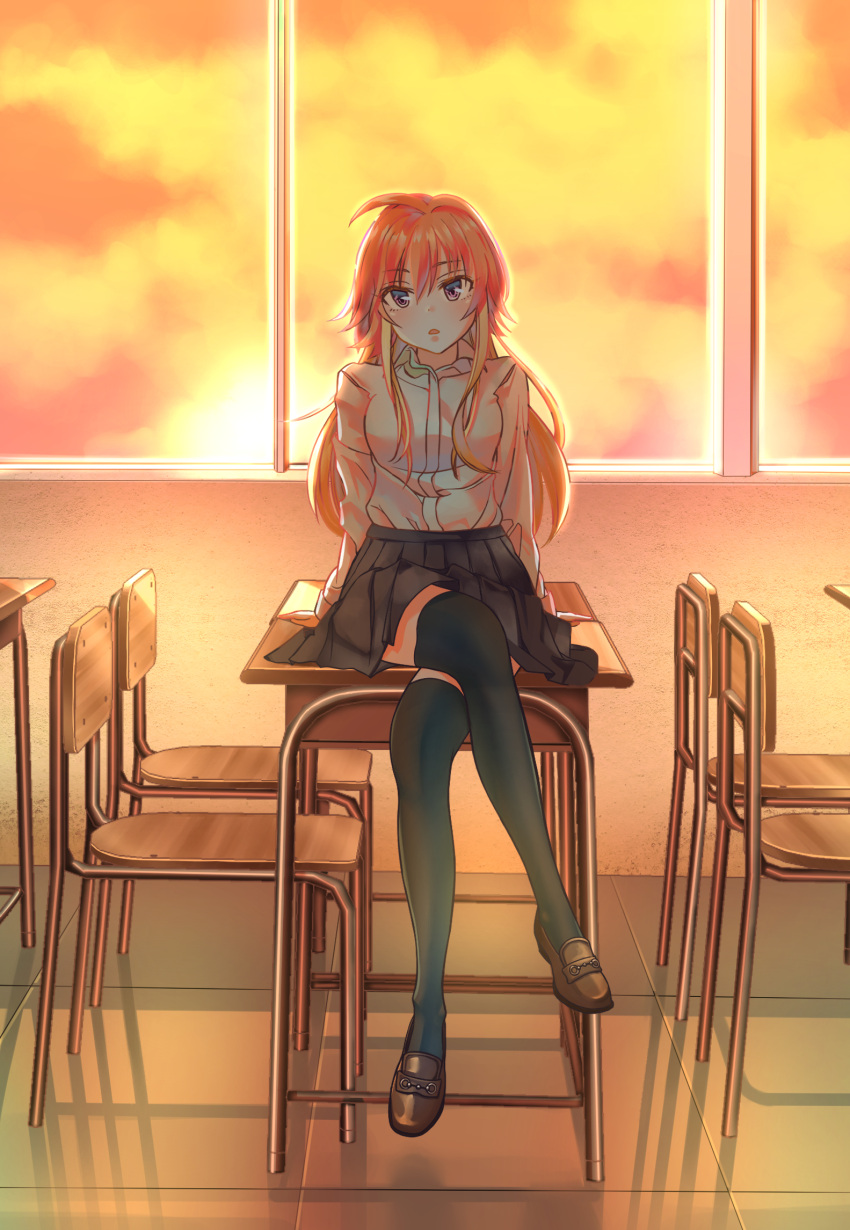 1girl :o arm_support black_skirt black_thighhighs blush brown_footwear chair classroom commentary crossed_legs desk gonzz_(gon2rix) highres idolmaster idolmaster_cinderella_girls indoors long_hair looking_at_viewer ninomiya_asuka on_desk pleated_skirt school_chair school_desk school_uniform shirt shirt_tucked_in sitting sitting_on_desk skirt solo sunset thigh-highs very_long_hair white_shirt