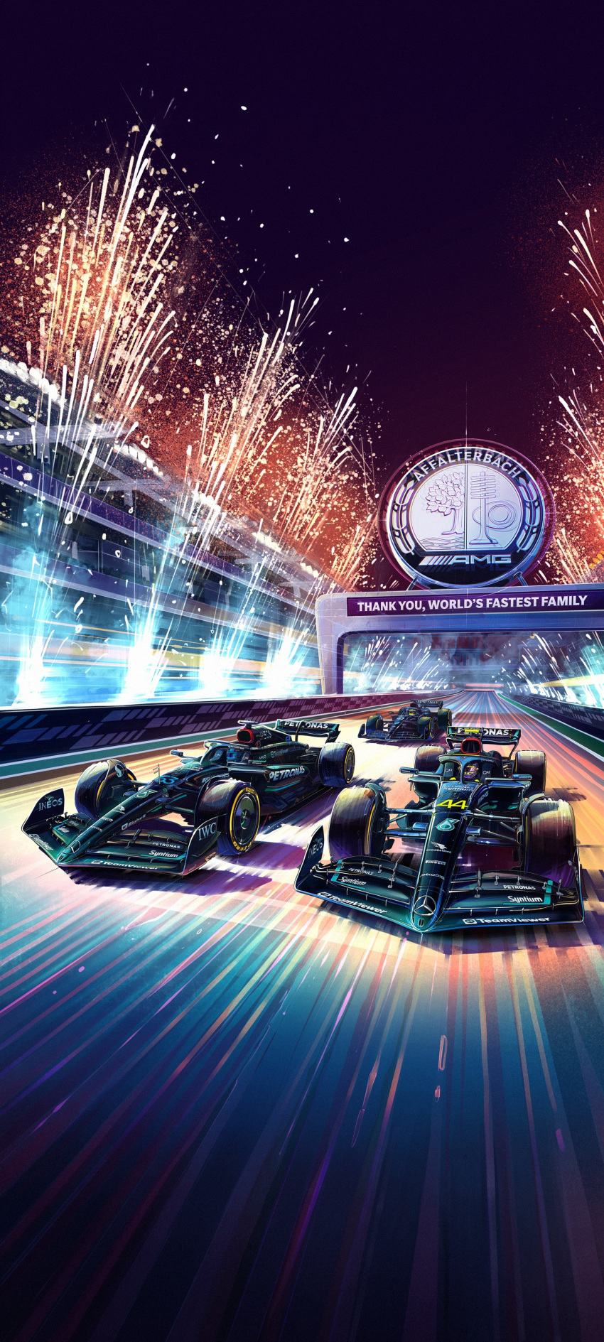 3boys absurdres andrew_mytro car english_commentary fireworks formula_one formula_racer george_russell helmet highres lewis_hamilton logo mercedes-amg_f1_w14 mick_schumacher motion_blur motor_vehicle multiple_boys night official_art race_vehicle racecar racetrack racing real_life spoiler_(automobile) vehicle_focus yas_marina_circuit