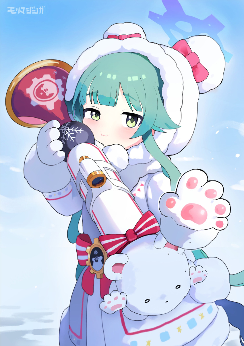 1girl absurdres animal_hood bear_hood blue_archive blush bow closed_mouth coat fur-trimmed_hood fur_trim green_eyes green_hair halo highres holding holding_rocket_launcher holding_weapon hood hood_up long_hair long_sleeves looking_at_viewer momiji_(blue_archive) outdoors pink_bow pom_pom_(clothes) red_bow rocket_launcher signature sky solo syakunetuu very_long_hair weapon white_hood