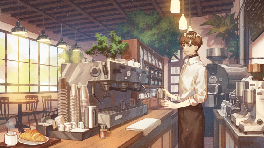 1boy apron barista black_apron brown_eyes brown_hair cafe closed_mouth coffee_cup collared_shirt commentary counter cup cupboard disposable_cup ema3 feet_out_of_frame hanging_light highres holding holding_cup holding_jug indoors light_smile looking_at_viewer male_focus mug original plant plate potted_plant scenery shirt short_hair sleeves_past_elbows solo symbol-only_commentary table waist_apron white_shirt window wooden_chair wooden_table