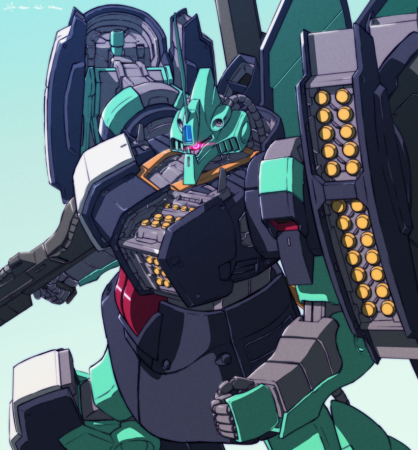 beam_rifle clenched_hand commentary_request daue dijeh energy_gun eye_trail glowing glowing_eye gradient_background gun gundam gundam_u.c._engage highres holding holding_gun holding_weapon horns light_trail machinery mecha mecha_focus missile missile_pod mobile_suit no_humans pink_eyes redesign robot science_fiction signature single_horn solo weapon zeta_gundam