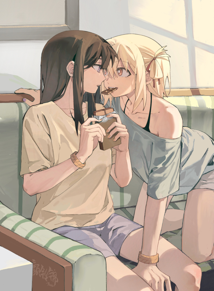 2girls absurdres black_bra black_hair blonde_hair bra bra_strap bracelet bright_pupils chinese_commentary chocolate collarbone commentary_request couch eye_contact grey_shirt head_between_thighs highres indoors inoue_takina jewelry leaning_forward long_hair looking_at_another lycoris_recoil medium_hair multiple_girls nishikigi_chisato off_shoulder on_couch orange_eyes parted_lips purple_shorts red_ribbon ribbon shirt short_sleeves shorts sitting underwear violet_eyes white_pupils yanlingjinshilihuahua yellow_shirt yuri