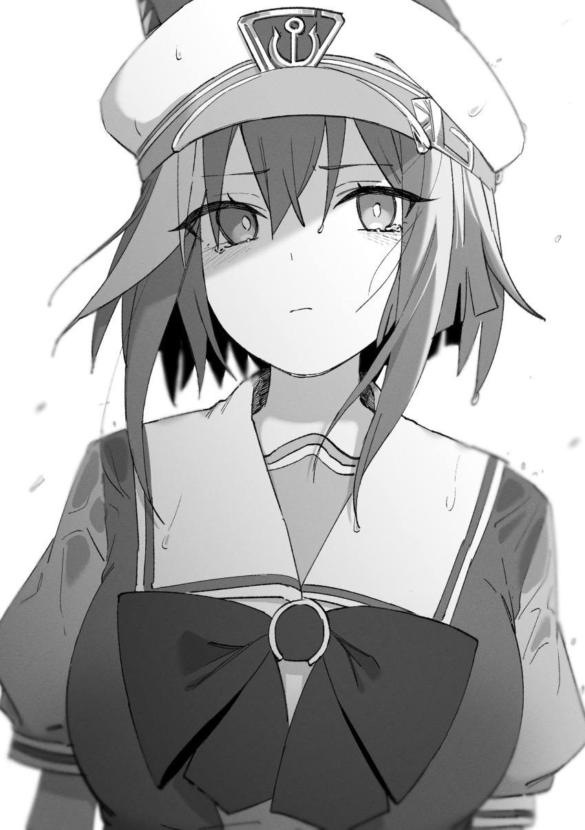 1girl absurdres animal_ears bow bowtie breasts cheval_grand_(umamusume) closed_mouth ears_through_headwear greyscale hat highres horse_ears horse_girl looking_at_viewer luca_hello_0520 monochrome peaked_cap portrait rain sailor_collar school_uniform serafuku shirt short_hair short_sleeves solo tearing_up umamusume water_drop wet wet_clothes wet_shirt white_background