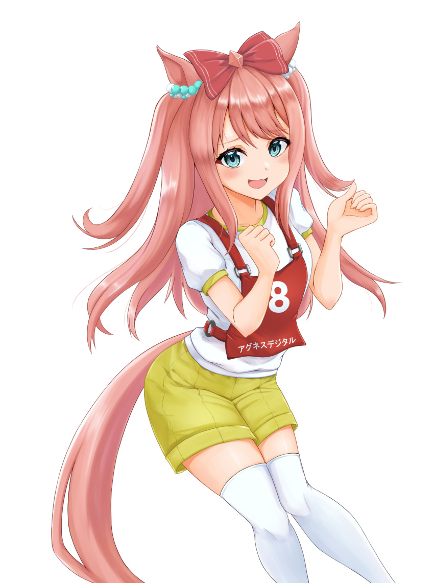 1girl agnes_digital_(umamusume) animal_ears blue_eyes bow character_name clenched_hands ear_ornament gym_shirt gym_shorts gym_uniform hair_bow highres horse_ears horse_girl horse_tail kemuri_(etep3372) long_hair looking_at_viewer open_mouth pink_hair race_bib red_bow shirt short_sleeves shorts simple_background smile solo standing t-shirt tail thigh-highs two_side_up umamusume white_background white_shirt white_thighhighs yellow_shorts